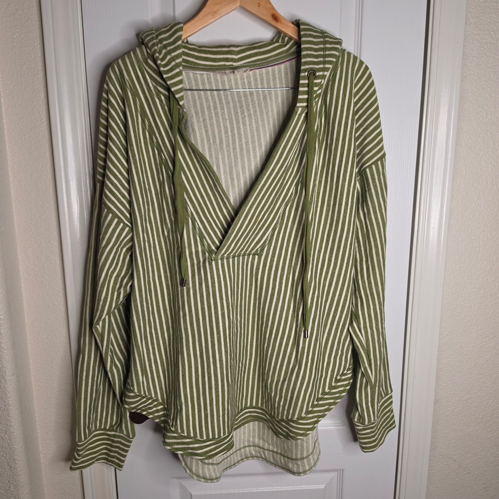 Pilcro Anthropologie Green White Striped V-Neck Hoodie Pullover XL Cotton